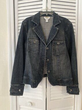Talbots Black Denim Jean Jacket Vintage Indigo Utility Style Button Front Sz 8